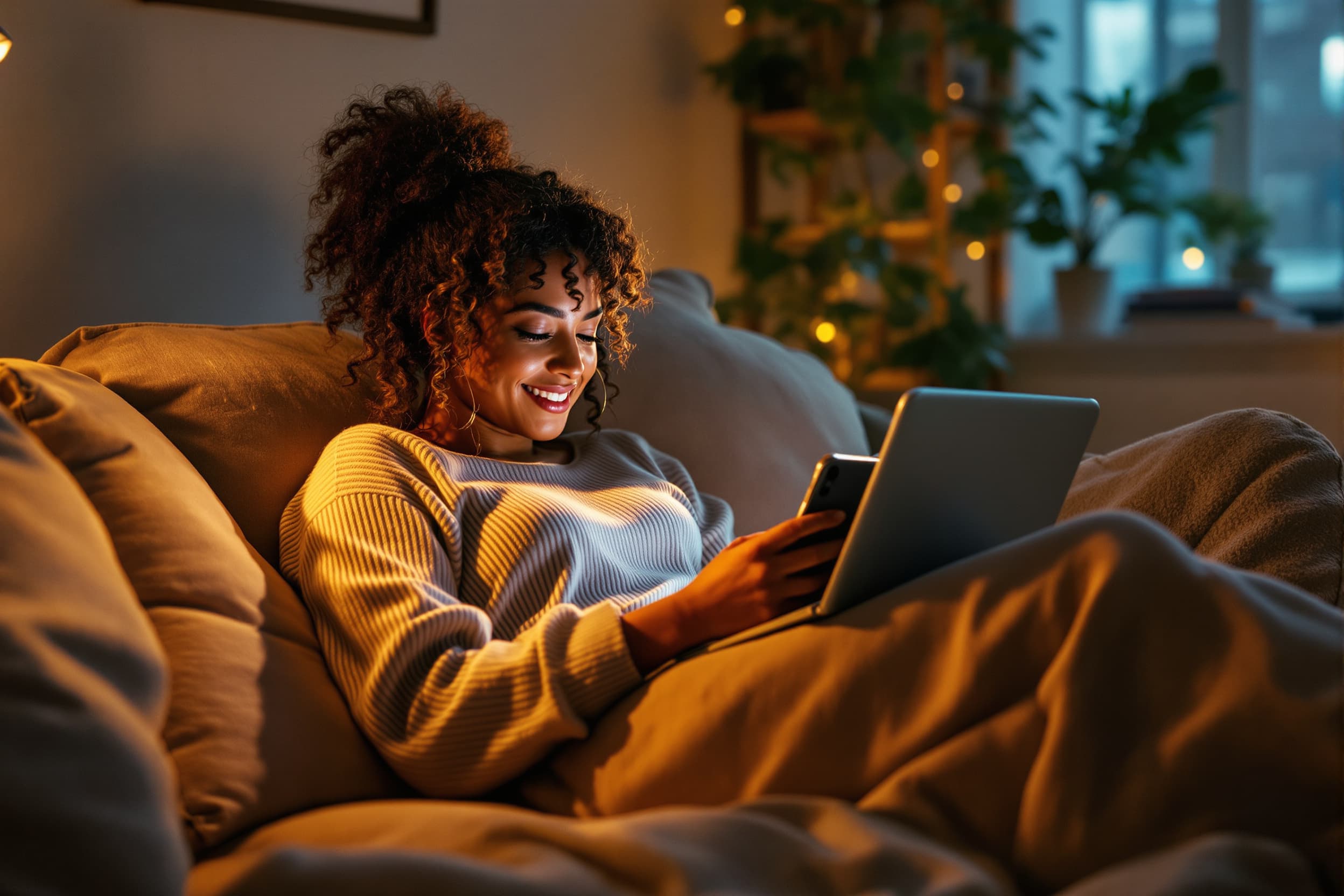 creator working from couch in evening light