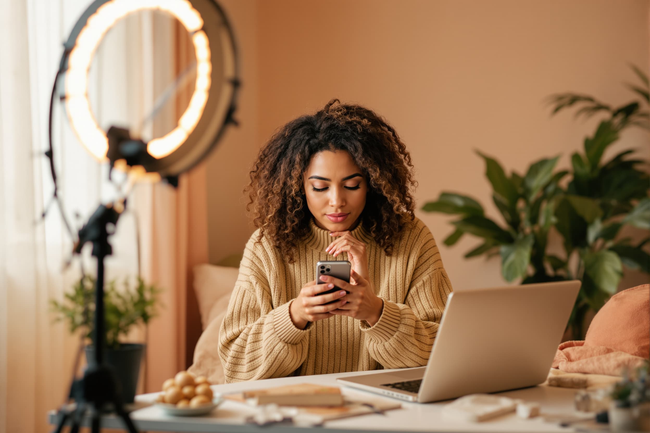 creator in home studio checking teni score on iPhone